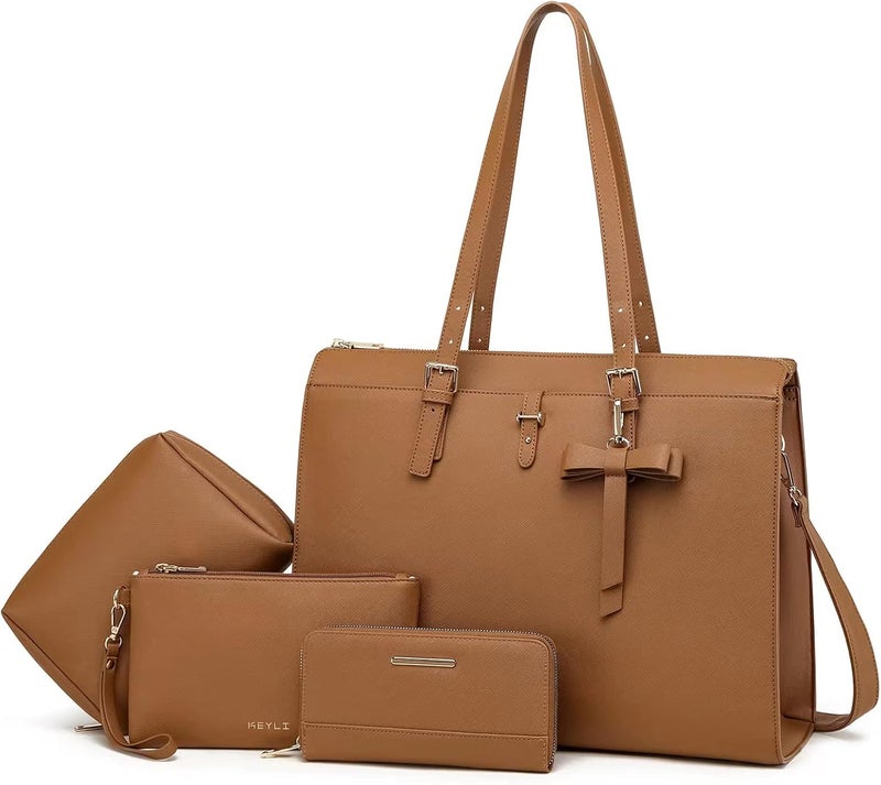 Keyli 4pc Sets Laptop Bag for Women Large Leather Laptop Briefcase with USB Charging Port Computer Shoulder tote Bags Purse - Image 1